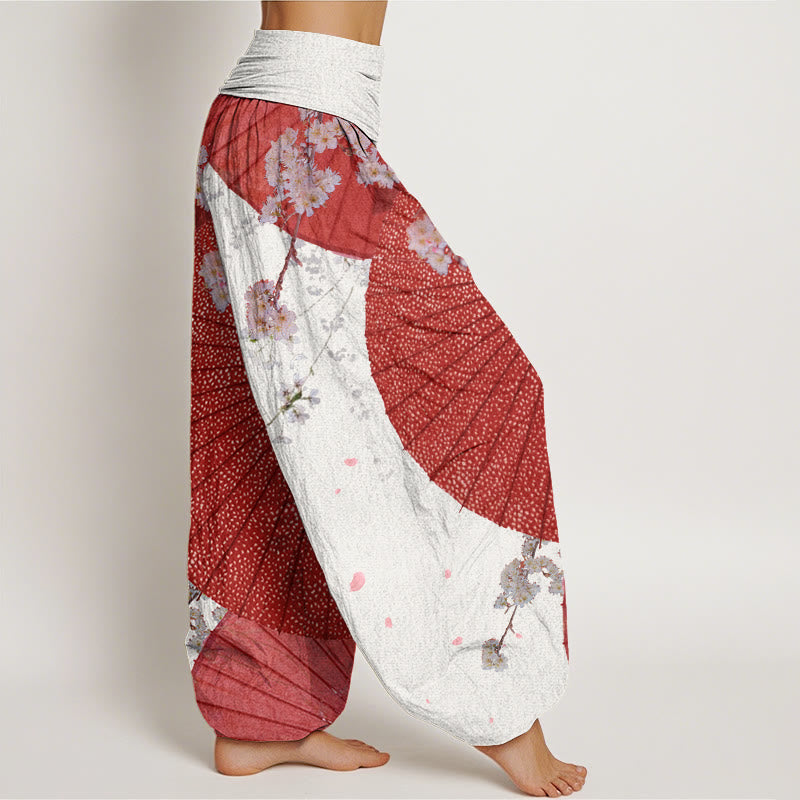 Pantalones harén con cintura elástica para mujer, informales, con diseño de flor de cerezo y paraguas de papel de aceite rojo y Buddha Stones - image 6