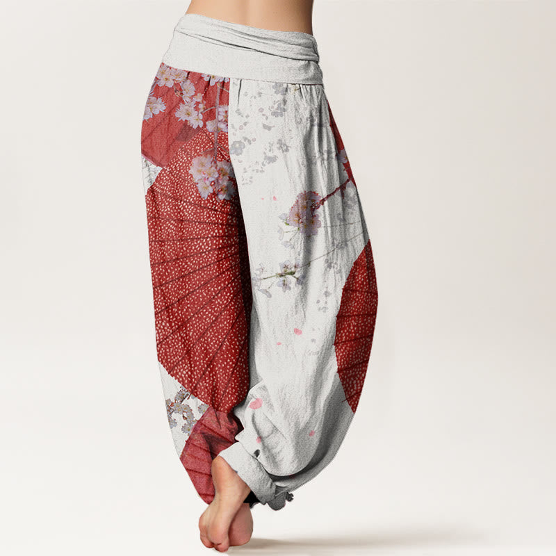 Pantalones harén con cintura elástica para mujer, informales, con diseño de flor de cerezo y paraguas de papel de aceite rojo y Buddha Stones - image 5