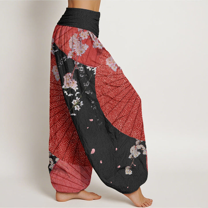 Pantalones harén con cintura elástica para mujer, informales, con diseño de flor de cerezo y paraguas de papel de aceite rojo y Buddha Stones - image 9
