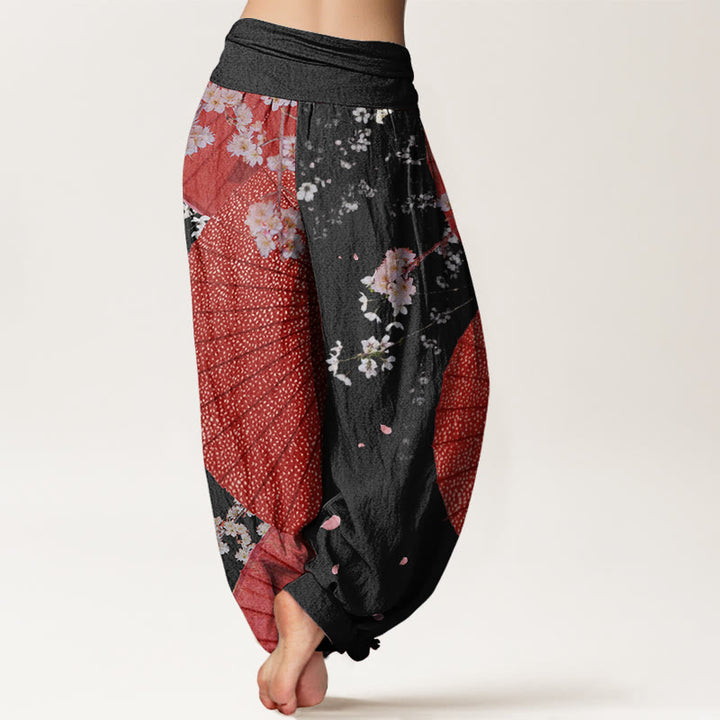 Pantalones harén con cintura elástica para mujer, informales, con diseño de flor de cerezo y paraguas de papel de aceite rojo y Buddha Stones - image 9