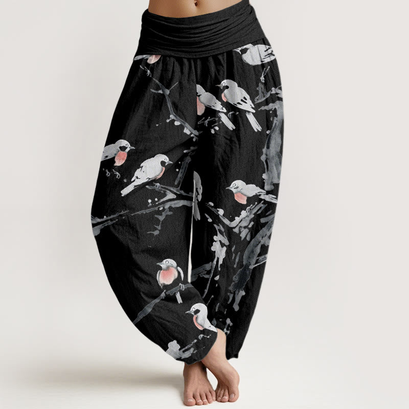 Pantalones harén con cintura elástica para mujer, con estampado de ramas de pájaro y piedras de Buddha Stones - Negro - US22，UK/AU26，EU54 (6XL) - image 1