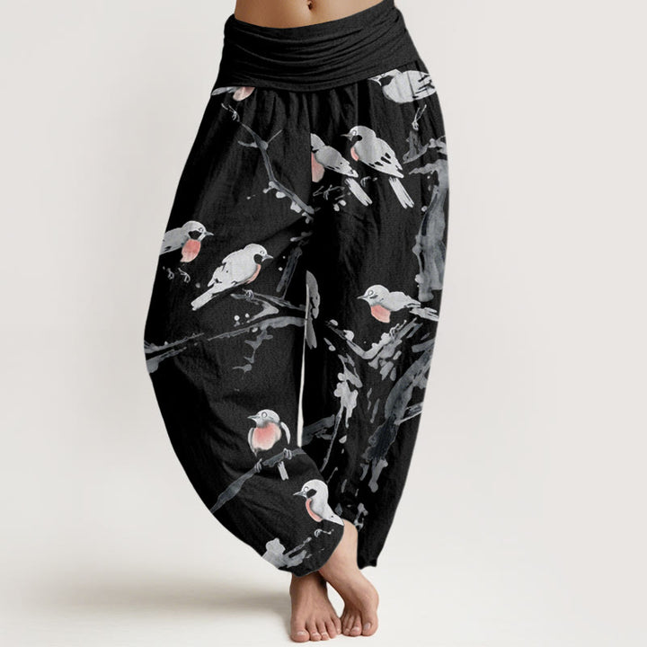 Pantalones harén con cintura elástica para mujer, con estampado de ramas de pájaro y piedras de Buddha Stones - Negro - US22，UK/AU26，EU54 (6XL) - image 1