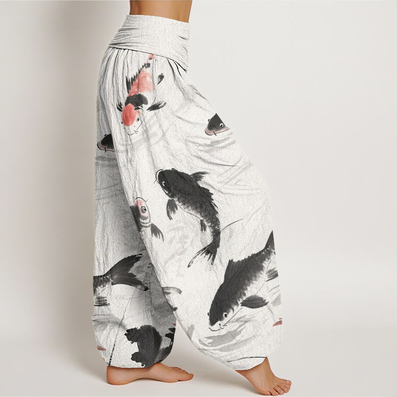 Pantalones harén con cintura elástica para mujer, informales, con estampado de peces koi y Buddha Stones - image 3