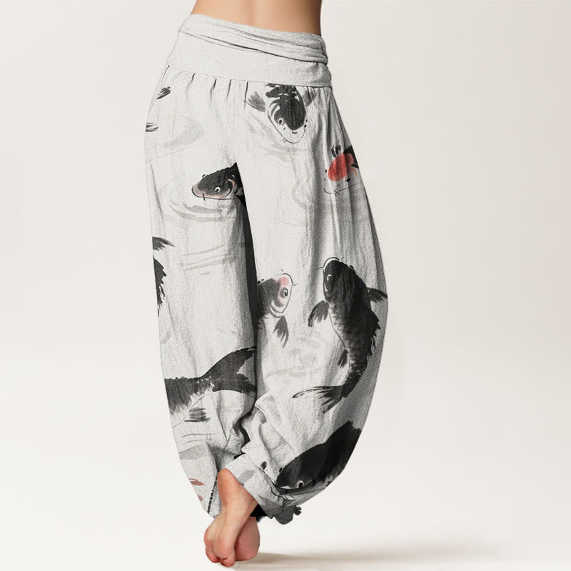 Pantalones harén con cintura elástica para mujer, informales, con estampado de peces koi y Buddha Stones - image 2