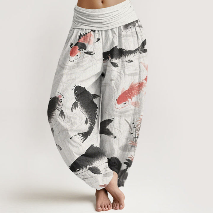 Pantalones harén con cintura elástica para mujer, informales, con estampado de peces koi y Buddha Stones - Fantasma blanco - US22，UK/AU26，EU54 (6XL) - image 1