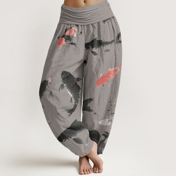 Pantalones harén con cintura elástica para mujer, informales, con estampado de peces koi y Buddha Stones - Gris oscuro - US22，UK/AU26，EU54 (6XL) - image 5