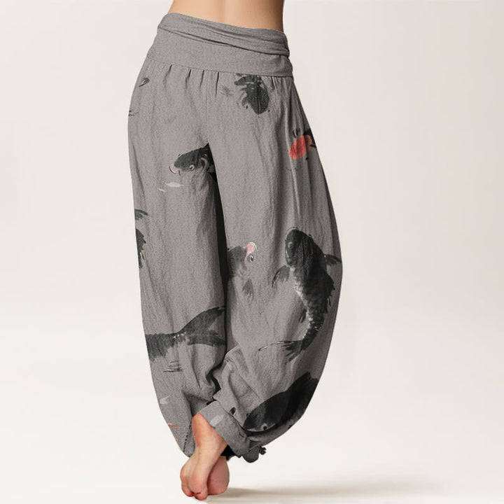Pantalones harén con cintura elástica para mujer, informales, con estampado de peces koi y Buddha Stones - image 6