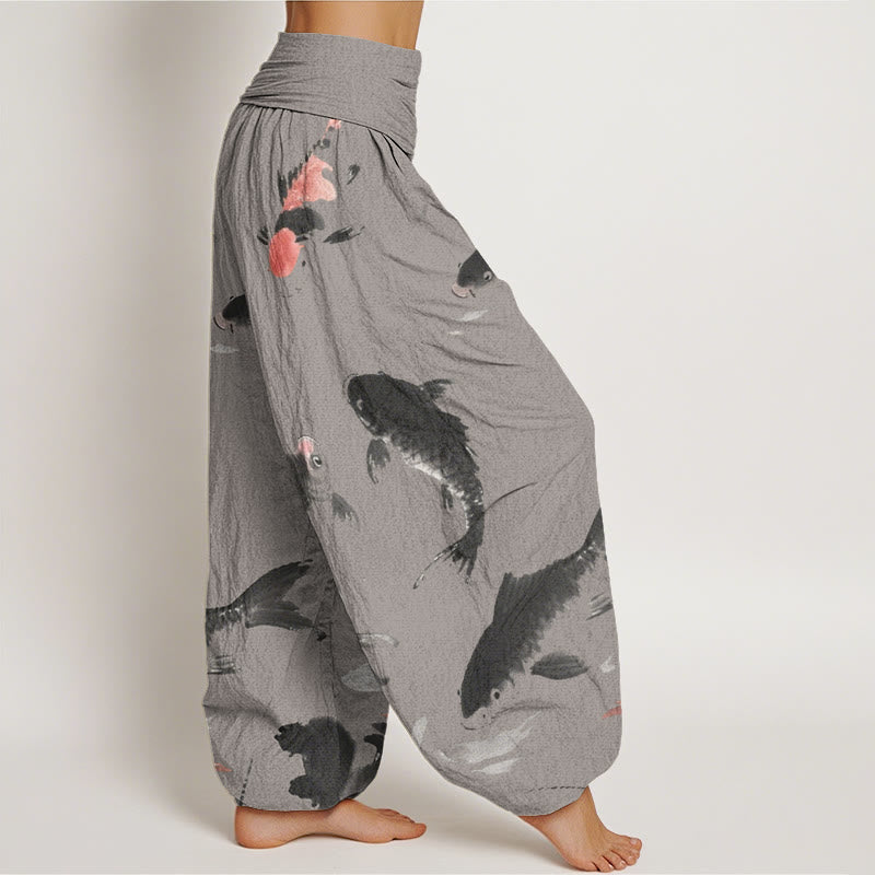 Pantalones harén con cintura elástica para mujer, informales, con estampado de peces koi y Buddha Stones - image 7