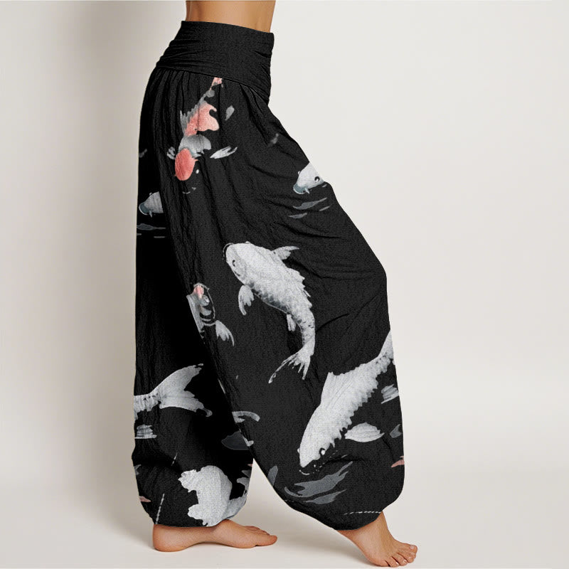 Pantalones harén con cintura elástica para mujer, informales, con estampado de peces koi y Buddha Stones - image 10