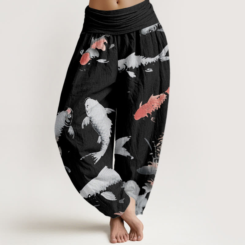 Pantalones harén con cintura elástica para mujer, informales, con estampado de peces koi y Buddha Stones - Negro - US22，UK/AU26，EU54 (6XL) - image 8
