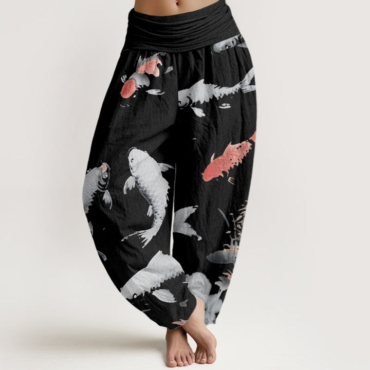 Pantalones harén con cintura elástica para mujer, informales, con estampado de peces koi y Buddha Stones - Negro - US22，UK/AU26，EU54 (6XL) - image 8