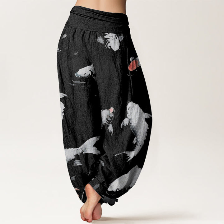 Pantalones harén con cintura elástica para mujer, informales, con estampado de peces koi y Buddha Stones - image 9