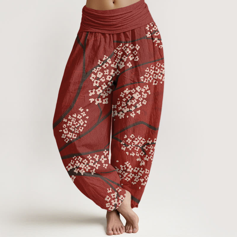 Pantalones harén con cintura elástica para mujer, informales, con estampado de ramas de ciruelo y Buddha Stones - Ladrillo refractario - US22，UK/AU26，EU54 (6XL) - image 0