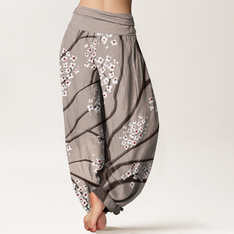 Pantalones bombachos de cintura elástica para mujer, de algodón con estampado de flores de ciruelo y Buddha Stones. - image 5