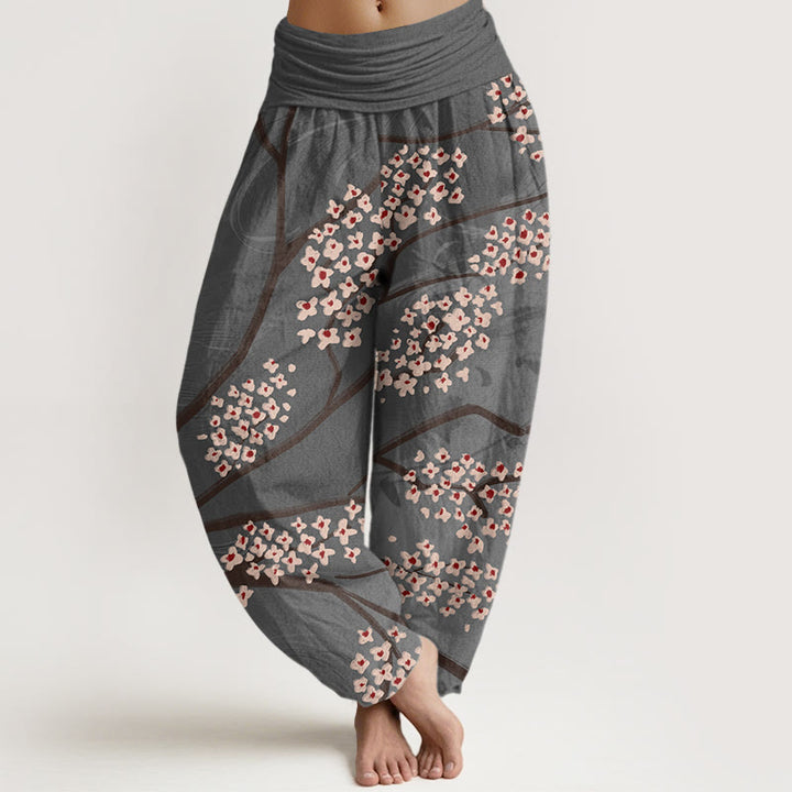 Pantalones harén con cintura elástica para mujer, informales, con estampado de ramas de ciruelo y Buddha Stones - Gris pizarra oscuro - US22，UK/AU26，EU54 (6XL) - image 8
