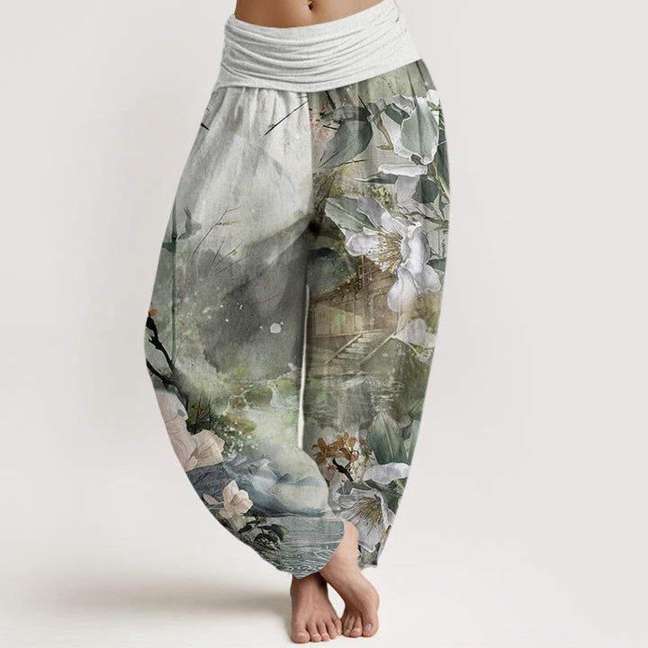 Pantalones harén con cintura elástica para mujer, con diseño de flores y pabellón de bambú y piedras de Buddha Stones - Verde mar medio - US22，UK/AU26，EU54 (6XL) - image 1