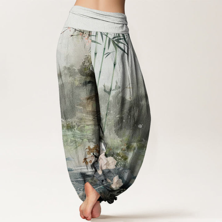 Pantalones harén con cintura elástica para mujer, con diseño de flores y pabellón de bambú y piedras de Buddha Stones - image 2