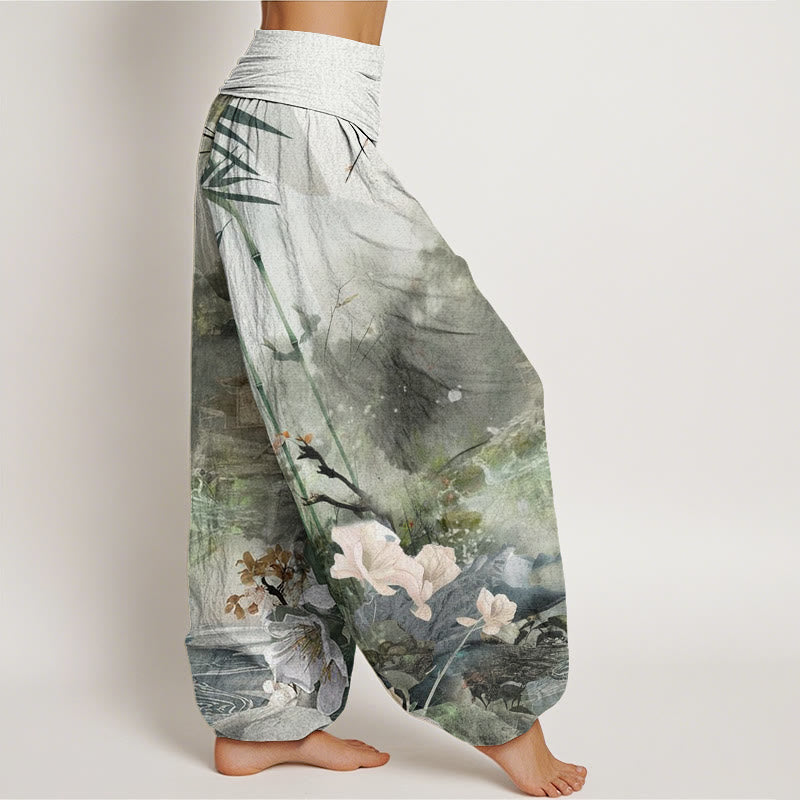Pantalones harén con cintura elástica para mujer, con diseño de flores y pabellón de bambú y piedras de Buddha Stones - image 3