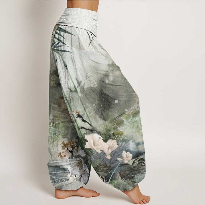 Pantalones harén con cintura elástica para mujer, con diseño de flores y pabellón de bambú y piedras de Buddha Stones - image 3