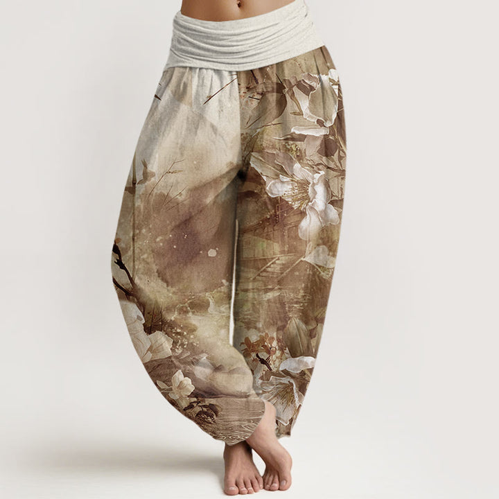 Pantalones harén con cintura elástica para mujer, con diseño de flores y pabellón de bambú y piedras de Buddha Stones - Vara de oro oscura - US22，UK/AU26，EU54 (6XL) - image 5