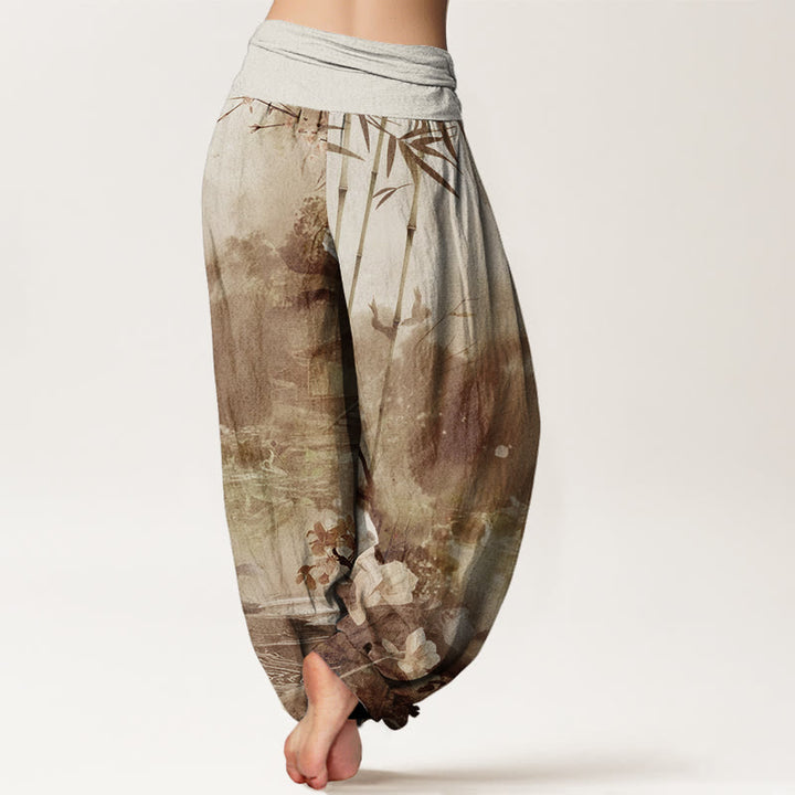 Pantalones harén con cintura elástica para mujer, con diseño de flores y pabellón de bambú y piedras de Buddha Stones - image 6