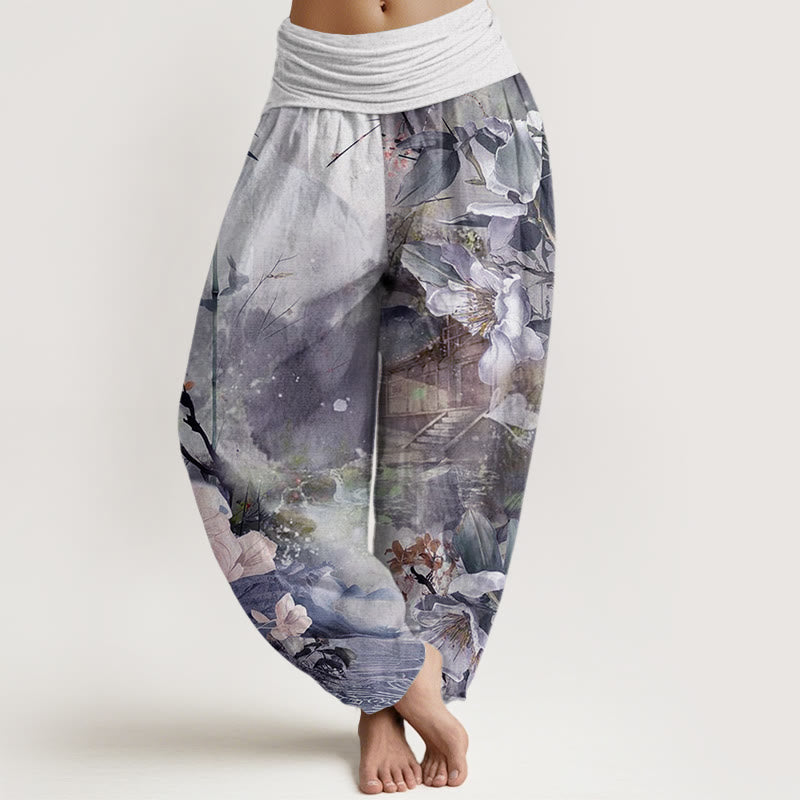 Pantalones harén con cintura elástica para mujer, con diseño de flores y pabellón de bambú y piedras de Buddha Stones - Azul pizarra oscuro - US22，UK/AU26，EU54 (6XL) - image 8
