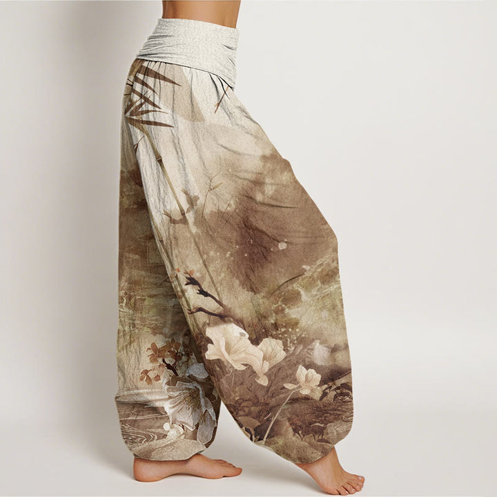 Pantalones harén con cintura elástica para mujer, con diseño de flores y pabellón de bambú y piedras de Buddha Stones - image 7