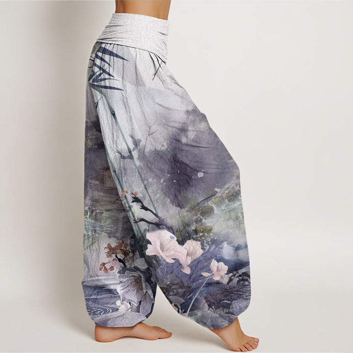 Pantalones harén con cintura elástica para mujer, con diseño de flores y pabellón de bambú y piedras de Buddha Stones - image 10