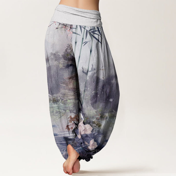 Pantalones harén con cintura elástica para mujer, con diseño de flores y pabellón de bambú y piedras de Buddha Stones - image 9