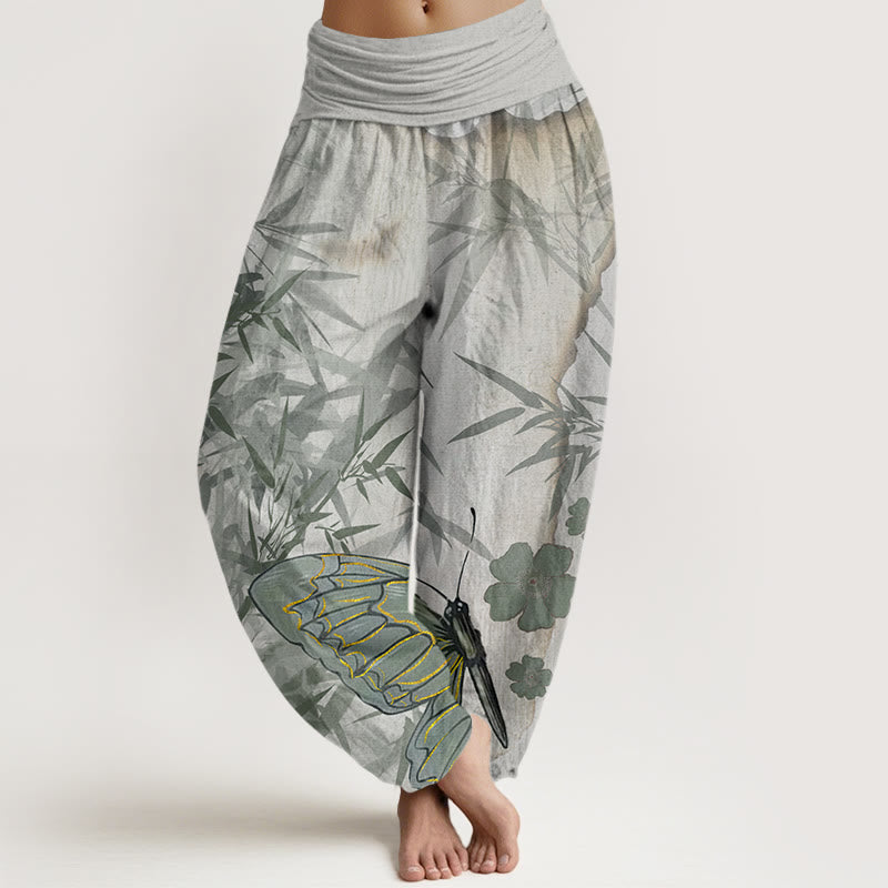 Pantalones harén con cintura elástica para mujer, con estampado de flores de bambú, mariposas y Buddha Stones - Gris claro - US22，UK/AU26，EU54 (6XL) - image 1
