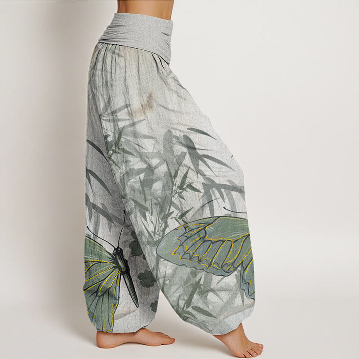 Pantalones harén con cintura elástica para mujer, con estampado de flores de bambú, mariposas y Buddha Stones - image 3