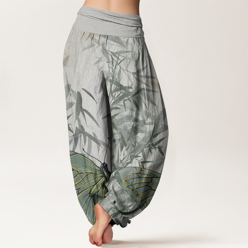 Pantalones harén con cintura elástica para mujer, con estampado de flores de bambú, mariposas y Buddha Stones - image 2