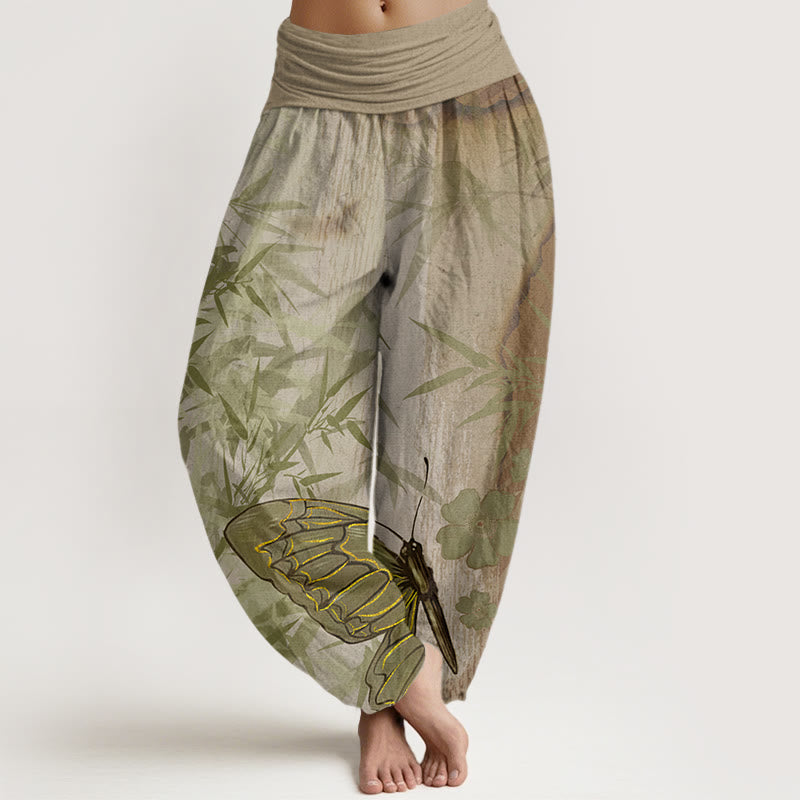 Pantalones harén con cintura elástica para mujer, con estampado de flores de bambú, mariposas y Buddha Stones - Caqui oscuro - US22，UK/AU26，EU54 (6XL) - image 5