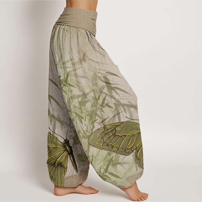 Pantalones harén con cintura elástica para mujer, con estampado de flores de bambú, mariposas y Buddha Stones - image 7
