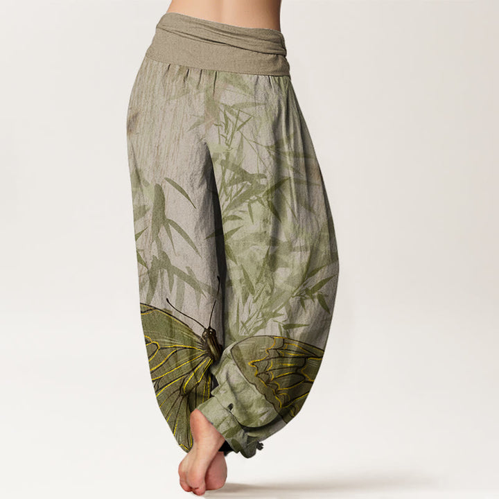 Pantalones harén con cintura elástica para mujer, con estampado de flores de bambú, mariposas y Buddha Stones - image 6