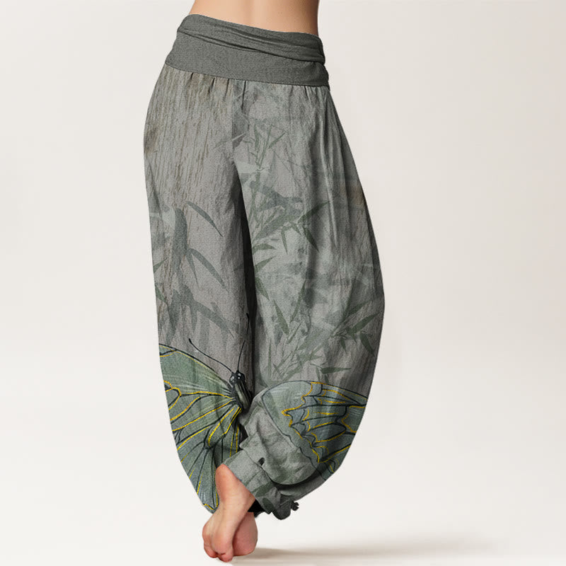 Pantalones harén con cintura elástica para mujer, con estampado de flores de bambú, mariposas y Buddha Stones - image 9