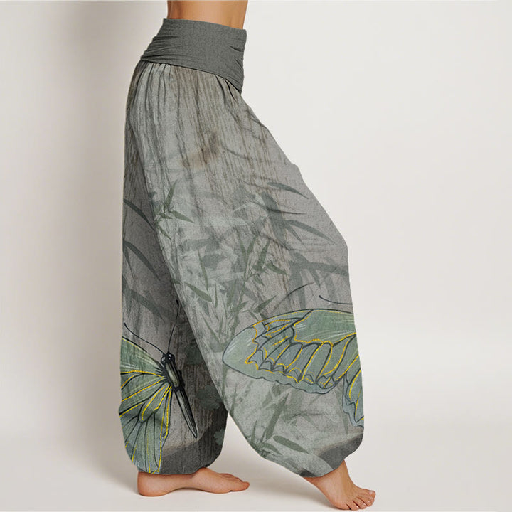 Pantalones harén con cintura elástica para mujer, con estampado de flores de bambú, mariposas y Buddha Stones - image 10