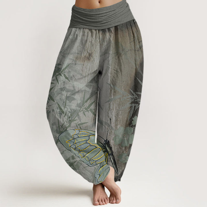 Pantalones harén con cintura elástica para mujer, con estampado de flores de bambú, mariposas y Buddha Stones - Gris oscuro - US22，UK/AU26，EU54 (6XL) - image 8