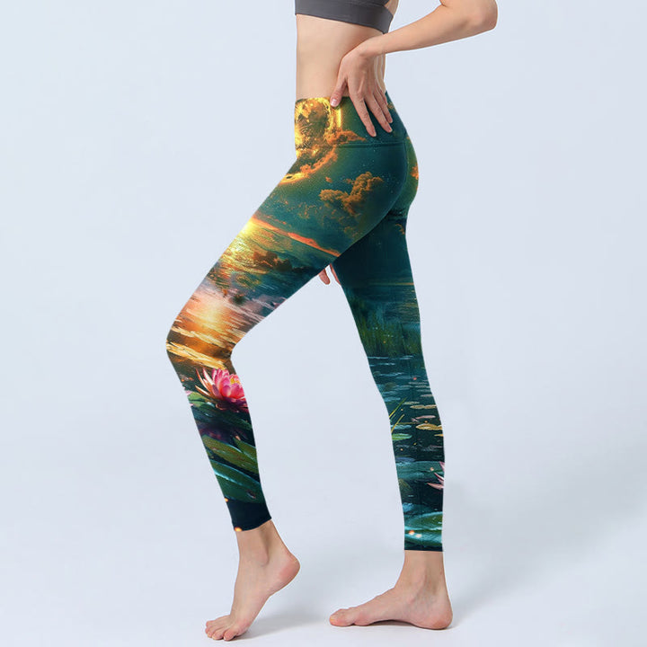 Leggings de yoga para mujer con estampado de hojas, flores de loto y luna llena , Buddha Stones - image 2