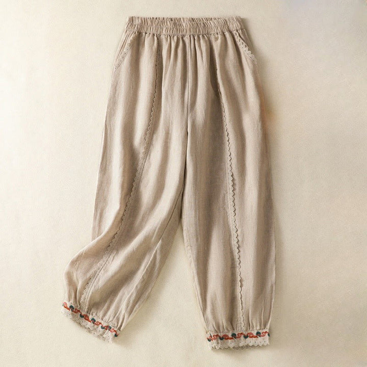 Pantalones harén de lino y algodón para mujer, informales, con diseño de encaje lateral, de Buddha Stones, de largo 7-8 y bolsillos