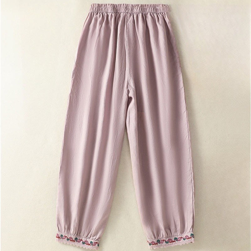 Pantalones harén de lino y algodón para mujer, informales, con diseño de encaje lateral, de Buddha Stones, de largo 7-8 y bolsillos