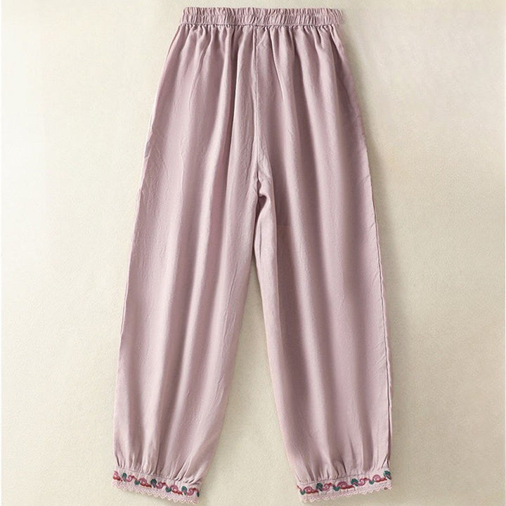 Pantalones harén de lino y algodón para mujer, informales, con diseño de encaje lateral, de Buddha Stones, de largo 7-8 y bolsillos