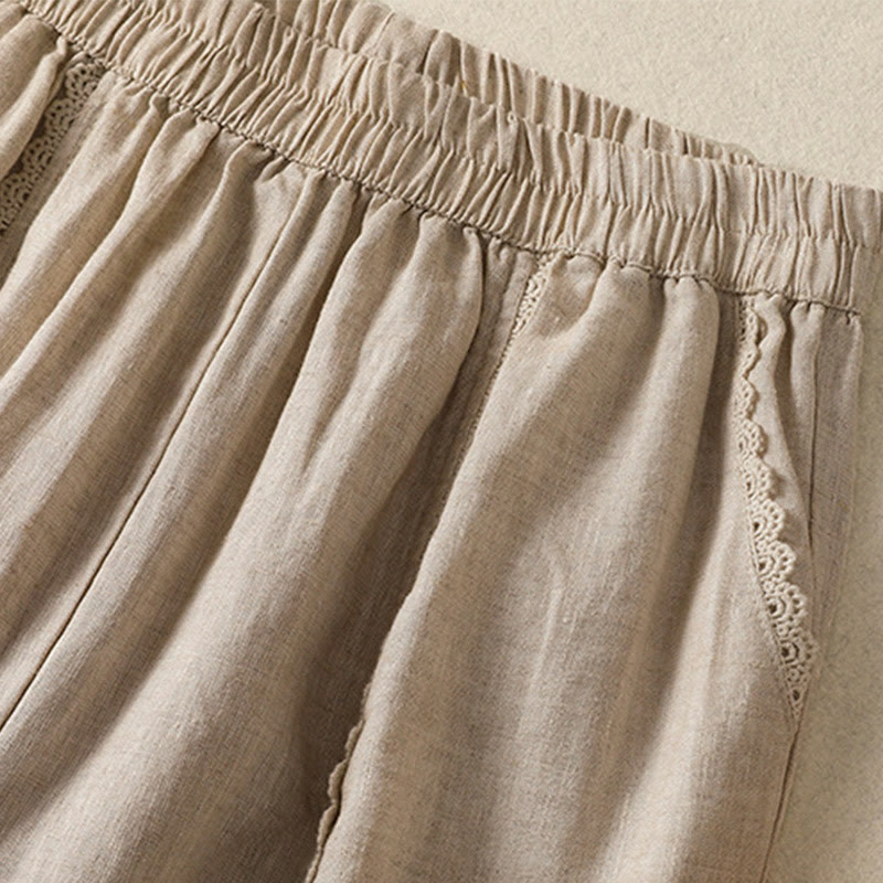 Pantalones harén de lino y algodón para mujer, informales, con diseño de encaje lateral, de Buddha Stones, de largo 7-8 y bolsillos