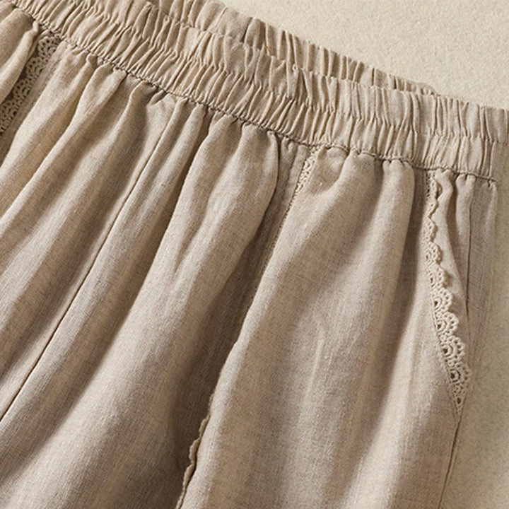 Pantalones harén de lino y algodón para mujer, informales, con diseño de encaje lateral, de Buddha Stones, de largo 7-8 y bolsillos