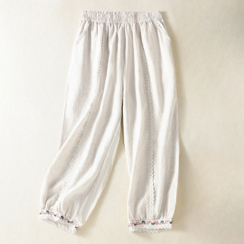 Pantalones harén de lino y algodón para mujer, informales, con diseño de encaje lateral, de Buddha Stones, de largo 7-8 y bolsillos