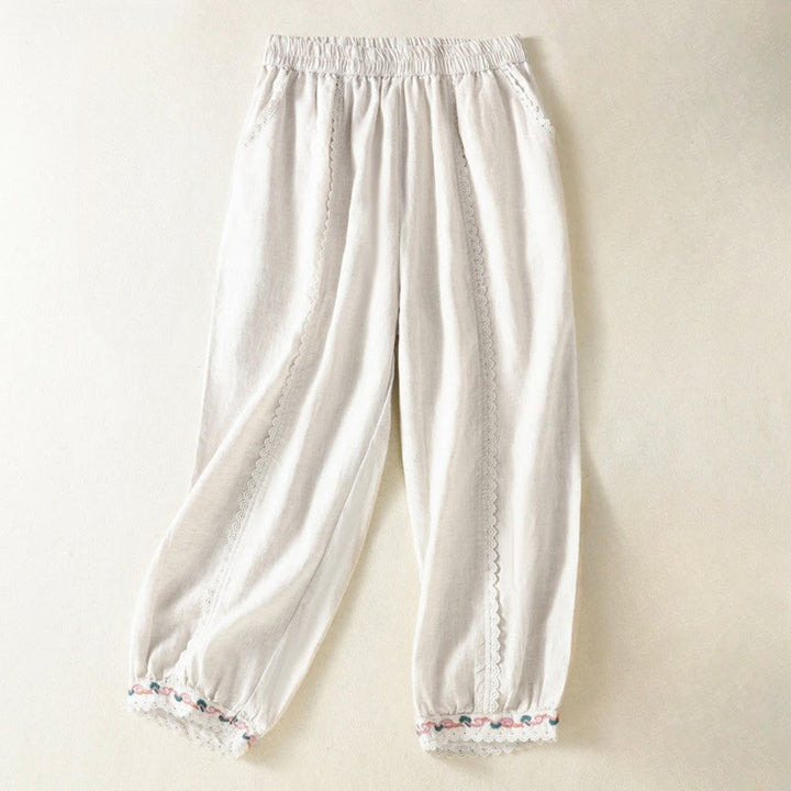 Pantalones harén de lino y algodón para mujer, informales, con diseño de encaje lateral, de Buddha Stones, de largo 7-8 y bolsillos
