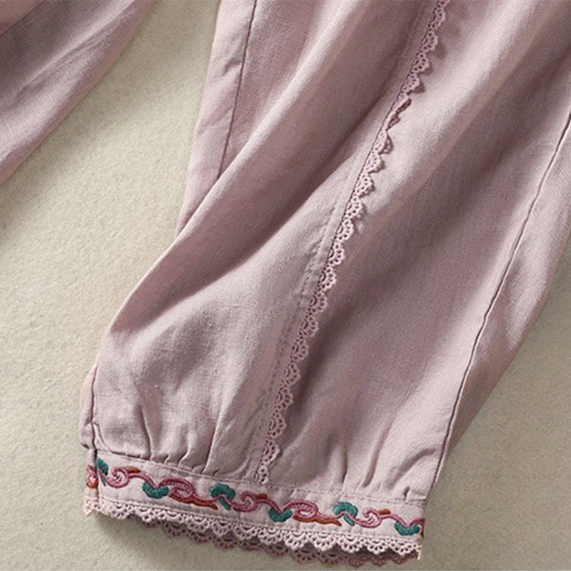 Pantalones harén de lino y algodón para mujer, informales, con diseño de encaje lateral, de Buddha Stones, de largo 7-8 y bolsillos