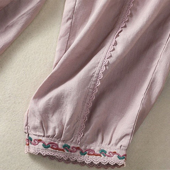 Pantalones harén de lino y algodón para mujer, informales, con diseño de encaje lateral, de Buddha Stones, de largo 7-8 y bolsillos