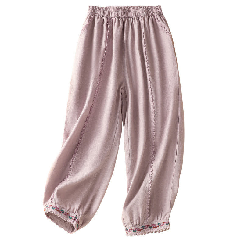 Pantalones harén de lino y algodón para mujer, informales, con diseño de encaje lateral, de Buddha Stones, de largo 7-8 y bolsillos