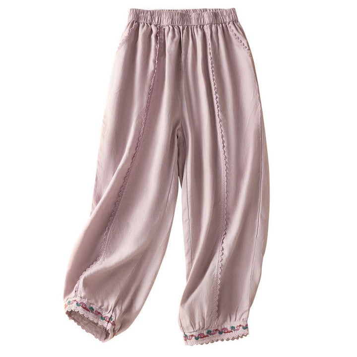Pantalones harén de lino y algodón para mujer, informales, con diseño de encaje lateral, de Buddha Stones, de largo 7-8 y bolsillos